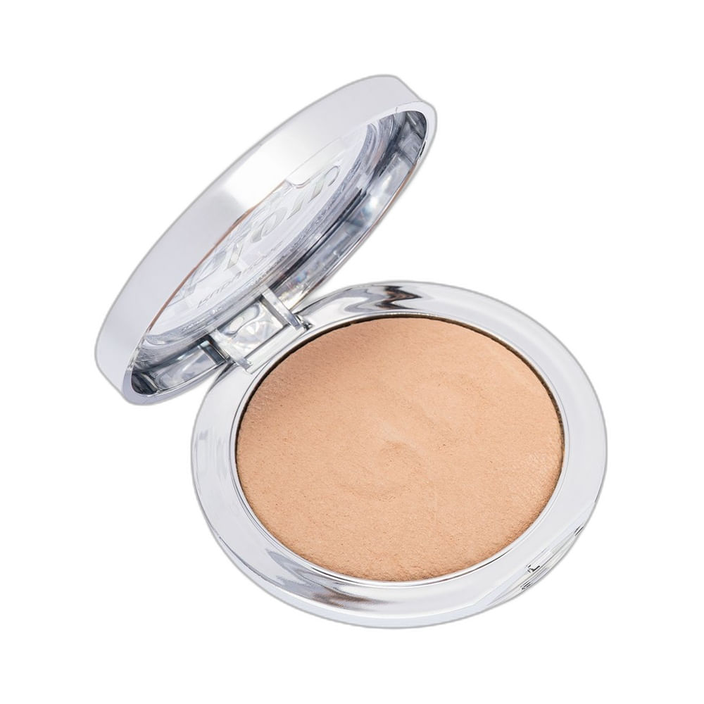 Pó Compacto Facial Ruby Rose Blow Baked Filter PB40 em embalagem circular prateada, visto de frente.